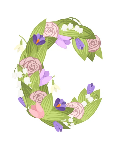 Lettera C. Cartoon flower font design. Lettera con fiori e foglie. Illustrazione vettoriale piatta isolata su sfondo bianco — Vettoriale Stock