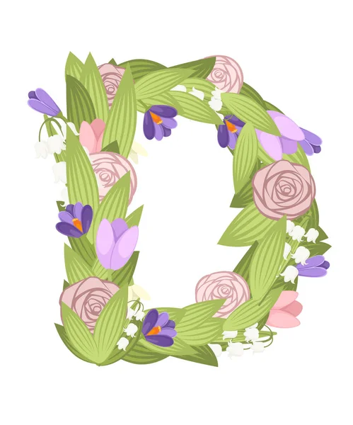D letter. Cartoon flower font design. Letter with flowers and leaves. Flat vector illustration isolated on white background