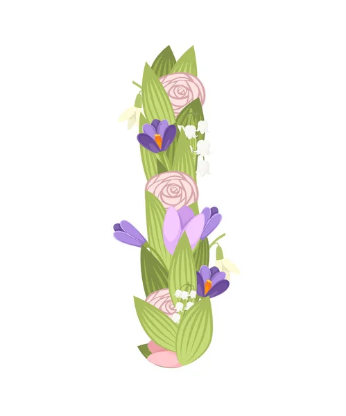 Ik brief. Cartoon bloem font design. Brief met bloemen en bladeren. Platte vector illustratie geïsoleerd op witte achtergrond — Stockvector
