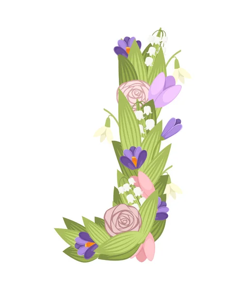 Lettera J. Cartoon flower font design. Lettera con fiori e foglie. Illustrazione vettoriale piatta isolata su sfondo bianco — Vettoriale Stock