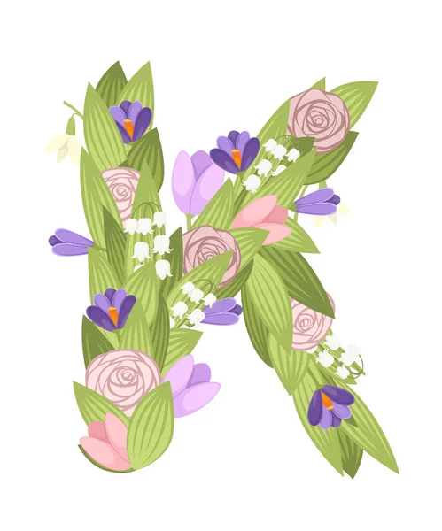 Lettre K. Conception de police de dessin animé fleur. Lettre avec des fleurs et des feuilles. Illustration vectorielle plate isolée sur fond blanc — Image vectorielle