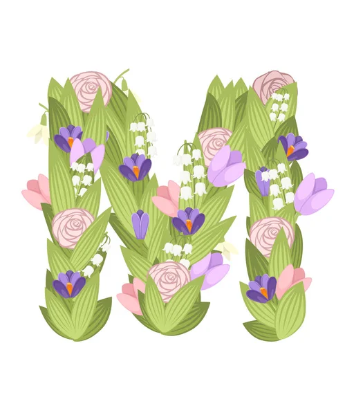 M 字母。卡通花字体设计。有花和叶子的信。在白色背景查出的平的向量例证 — 图库矢量图片