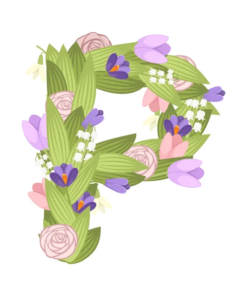 Lettera P. Cartoon flower font design. Lettera con fiori e foglie. Illustrazione vettoriale piatta isolata su sfondo bianco — Vettoriale Stock