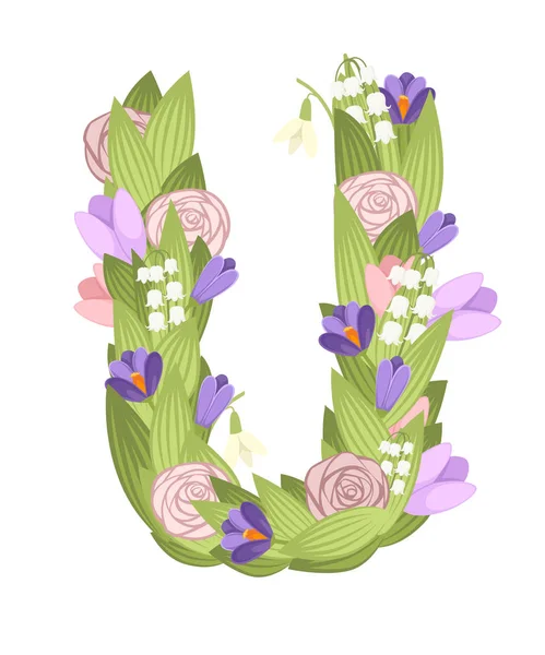 Lettera U. Cartoon flower font design. Lettera con fiori e foglie. Illustrazione vettoriale piatta isolata su sfondo bianco — Vettoriale Stock