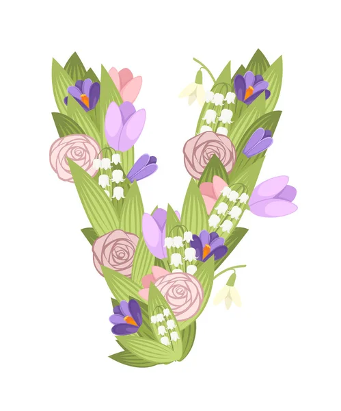 Lettera V. Cartoon flower font design. Lettera con fiori e foglie. Illustrazione vettoriale piatta isolata su sfondo bianco — Vettoriale Stock
