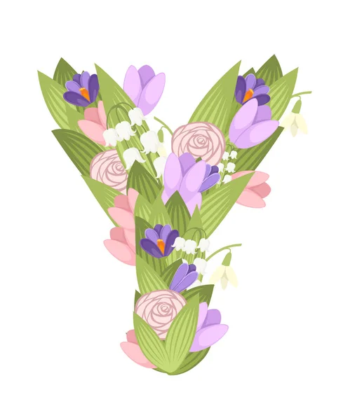 Lettera Y. Cartoon flower font design. Lettera con fiori e foglie. Illustrazione vettoriale piatta isolata su sfondo bianco — Vettoriale Stock