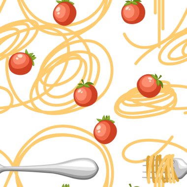 İtalyan gıda makarna domates ile spagetti. Dikişsiz desen. Beyaz arka planda düz vektör illüstrasyon. Web sitesi sayfası ve mobil uygulama tasarımı