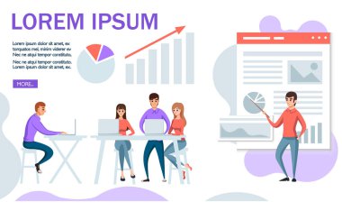 İş toplantısı ve veri analizi konsepti, proje yönetimi, finansal analizler, iş stratejisi. İzometrik erkekler ve kadınlar birlikte çalışır. Beyaz arka planda vektör Illustration