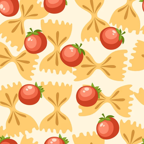 Pasta Italia farfalle makanan dengan tomat. Pola mulus. Ilustrasi vektor datar pada latar belakang putih. Laman situs web dan desain aplikasi seluler - Stok Vektor