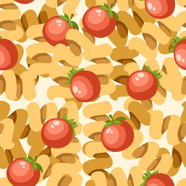 Cibo italiano pasta cellentani con pomodori. Schema senza soluzione di continuità. Illustrazione vettoriale piatta su sfondo bianco. Pagina web e design delle app per dispositivi mobili — Vettoriale Stock