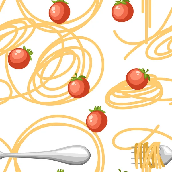 Pasta de comida italiana Spaghetti con tomates. Patrón sin costuras. Ilustración vectorial plana sobre fondo blanco. Página del sitio web y diseño de aplicaciones móviles — Vector de stock
