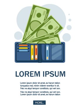 Kartlar ve nakit mavi deri cüzdan. Kredi kartları ve kağıt para için cepler. Beyaz arka planda düz vektör illüstrasyon. Metin, Web sitesi sayfası ve mobil uygulama tasarımı için yer