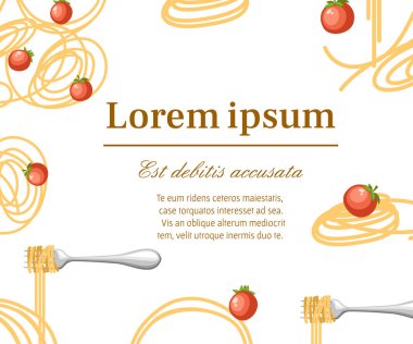 İtalyan gıda makarna domates ile spagetti. Düz vektör Illustration. Tebrik kartı ve reklam broşürü için konsept. Beyaz arka planda düz vektör çizim