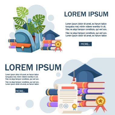 Renkli açık okul çantası çiçek pot ile. Fermuarlar ile sırt çantası. Karikatür tasarımı. Beyaz arka planda düz vektör illüstrasyon. Eğitim konsepti, metin için yer, mavi düğme
