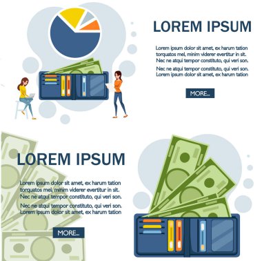 Kartlar ve nakit mavi deri cüzdan. Bir grup insan, ofis işçileri. Beyaz arka planda düz vektör illüstrasyon. Metin, Web sitesi sayfası ve mobil uygulama tasarımı için yerleştirin. Para yapma kavramı