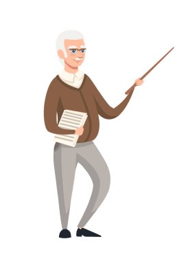 Kıdemli öğretmen, Profesör önünde ayakta, ve kağıt üzerinde eğitim malzemesi ile işaretçi tutar. Karikatür karakter tasarımı. Beyaz arka planda izole düz vektör illüstrasyon