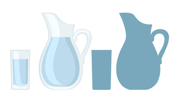 Полный стакан и кувшин воды. Плоский векторный дизайн и синий силуэт. Векторная иллюстрация на белом фоне
