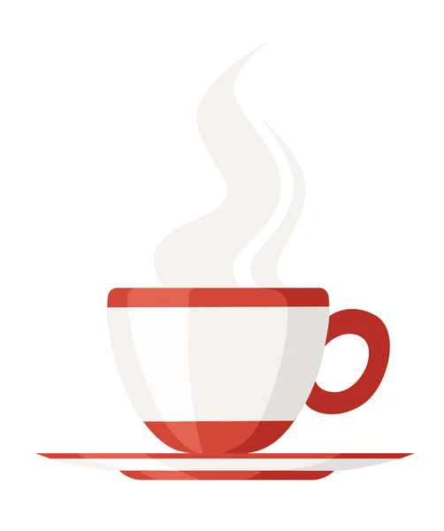Tasse à thé rouge et blanc avec soucoupe. Tasse à thé chaude avec flotteur de vapeur. Icône logo design plat. Illustration vectorielle isolée sur fond blanc — Image vectorielle