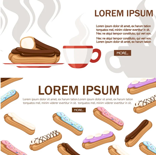 Sweet and yummy cream eclair dessert. Choux pastry filled with cream. Flat vector illustration on white background. Place for text, web site page and mobile app design — Stock Vector