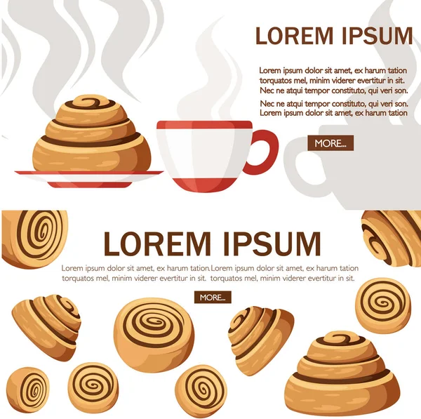 Bun with cinnamon. Freshly baked sweet cake. Baked pastry item. Flat vector illustration on white background. Place for text, web site page and mobile app design — Stock Vector
