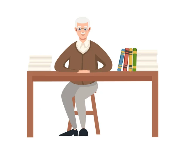 Senior teacher, professor sits by the table. Books and list on wooden table. Cartoon character design. Flat vector illustration isolated on white background