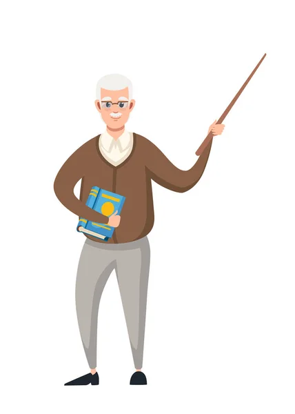 Senior teacher, professor standing in front, and holds pointer with book. Cartoon character design. Flat vector illustration isolated on white background