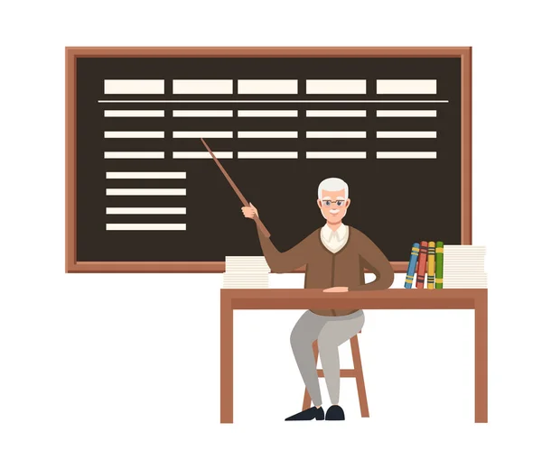 Senior teacher, professor sits by the table. Pointer with blackboard. Books and list on wooden table. Cartoon character design. Flat vector illustration isolated on white background