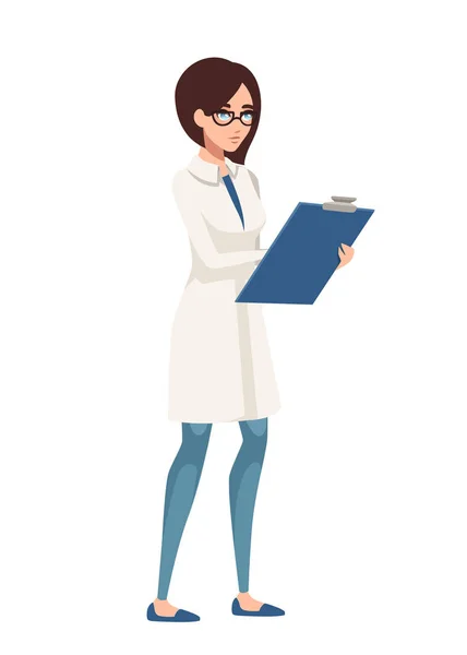 Женщина-врач в медицинском платье. Белое медицинское платье с голубыми брюками. Женщина-врач держит синий контрольный список. Дизайн персонажей мультфильмов. Плоская векторная иллюстрация на белом фоне — стоковый вектор