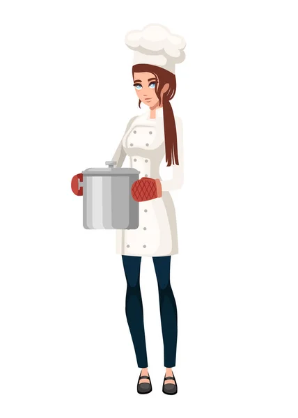 Жінка готує з духовою рукавицею тримає сталевий кухонний горщик. Жінки в білій формі. Дизайн персонажів мультфільмів. Плоска векторна ілюстрація ізольована на білому тлі — стоковий вектор