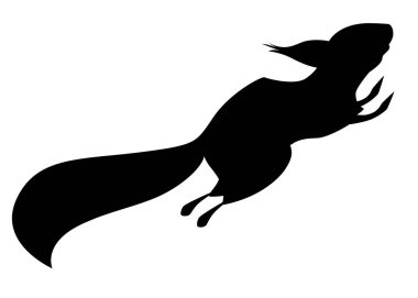 Siyah siluet. Sevimli küçük sincap atlama. Yan görünüm. Karikatür hayvan karakter tasarımı. Beyaz arka planda izole düz vektör illüstrasyon