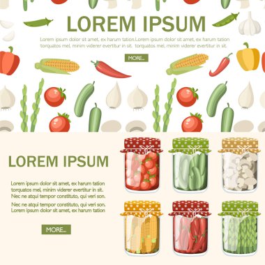 Şeffaf cam kavanozda Turşu sebze koleksiyonu. Vejetaryen gıda, sağlıklı yeme. Konserve sebzeler düz vektör illüstrasyon. Web sitesi tasarımı ve reklam broşürü için konsept