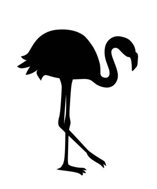 Siyah siluet. Sevimli hayvan, şeftali Pembe Flamingo. Karikatür hayvan karakter tasarımı. Beyaz arka planda izole düz vektör illüstrasyon. Flamingo bir bacak üzerinde ayakta