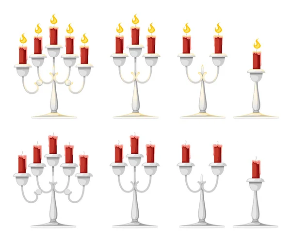 Velas en candelabros. Candelabros de plata con velas rojas ardiendo. Ilustración vectorial plana aislada sobre fondo blanco — Archivo Imágenes Vectoriales