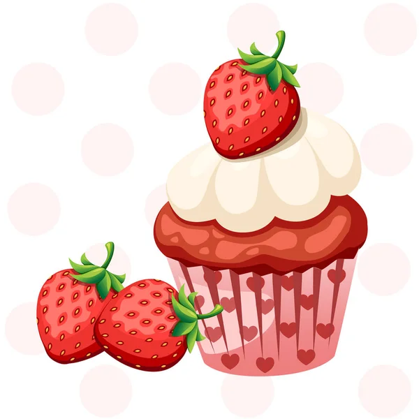 Sweet strawberry cupcake with white cream. Colorful dessert. Flat vector illustration isolated on white background — Stock Vector