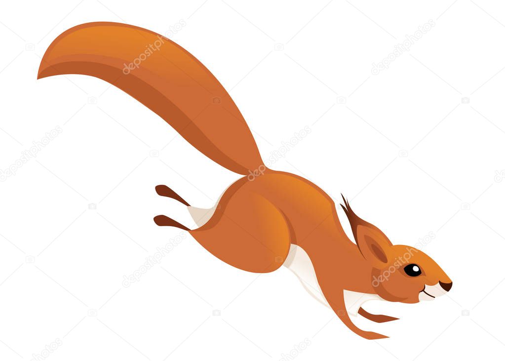 Cute little squirrel jumping down. Side view. Cartoon animal character design. Flat vector illustration isolated on white background