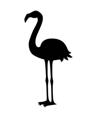 Siyah siluet. Sevimli hayvan, şeftali Pembe Flamingo. Karikatür hayvan karakter tasarımı. Beyaz arka planda izole düz vektör illüstrasyon. İki bacaklı Flamingo ayakta