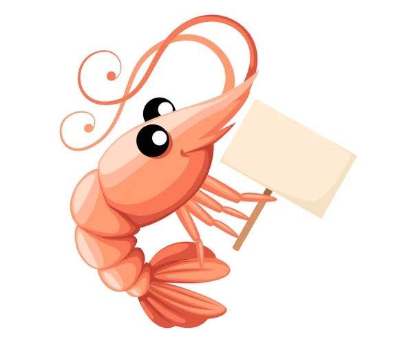 かわいいエビのホールドサイン。漫画動物キャラクターデザイン。甲殻類を泳ぐ。白い背景に孤立した平らなベクトルのイラスト — ストックベクタ