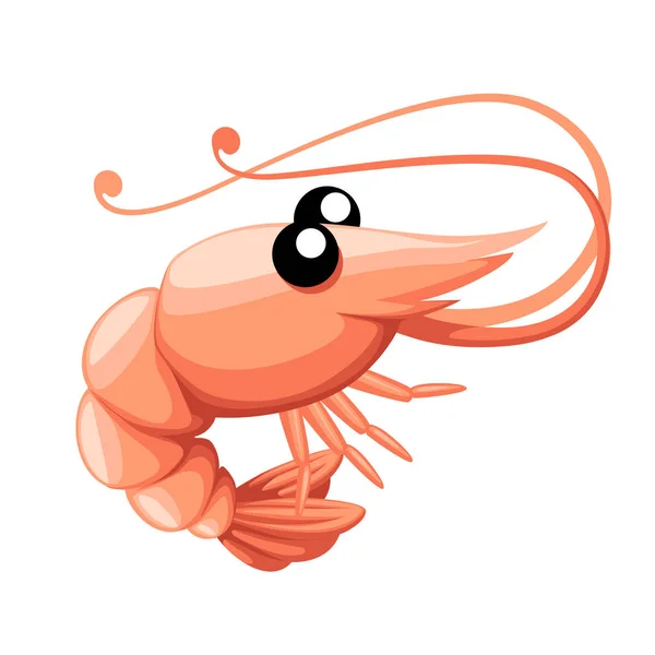 かわいいエビ。漫画動物キャラクターデザイン。甲殻類を泳ぐ。白い背景に孤立した平らなベクトルのイラスト — ストックベクタ