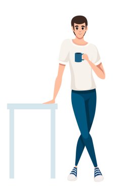 Adam masada durve mavi çay bardağı tut. Beyaz tişörtlü ve mavi pantolonlu adam. Çizgi film karakter tasarımı. Beyaz arka planda yalıtılmış düz vektör çizimi