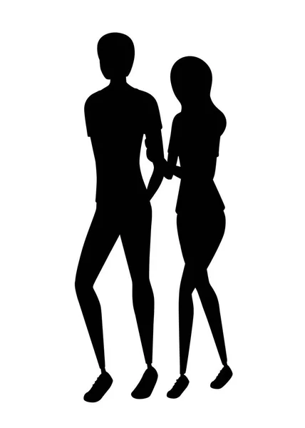 Siyah siluet. Mutlu genç çift birlikte yürüyor. Çizgi film karakter tasarımı. Beyaz arka planda yalıtılmış düz vektör çizimi — Stok Vektör