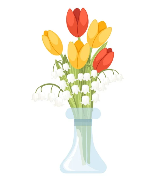 Een boeket van bloemen in glazen vaas. Lente rode en gele tulp met Convallaria majalis. Lilly van de vallei. Groene bloemen patroon, gras. Platte vector illustratie geïsoleerd op witte achtergrond — Stockvector