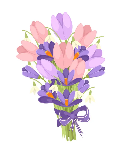 A bouquet of flowers with a purple ribbon. Spring pink Tulip, purple Crocus and white Convallaria majalis. Green flower pattern, grass. Flat vector illustration on white background