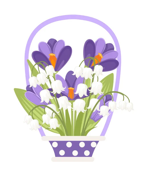 Flowers in ceramic basket. Purple Crocus and white Convallaria majalis. Green flower pattern, grass. Flat vector illustration on white background