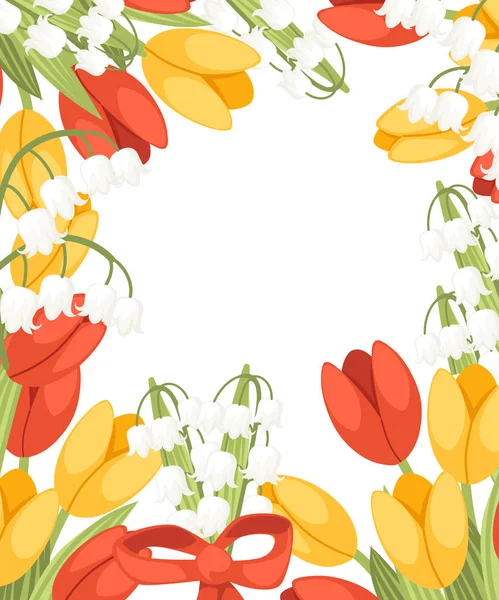 Un ramo de flores con una cinta roja. Tulipán de primavera rojo y amarillo con Convallaria majalis. Lilly del valle. Patrón de flor verde, hierba. Ilustración vectorial plana sobre fondo blanco — Vector de stock