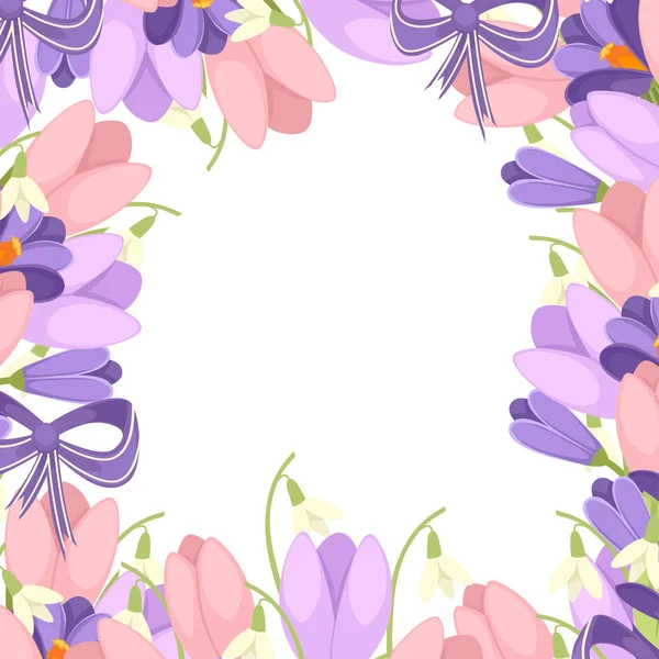 Een boeket bloemen met een paars lint. Lente roze tulp, paarse Crocus en witte Convallaria majalis. Groene bloemen patroon, gras. Platte vector illustratie op witte achtergrond — Stockvector