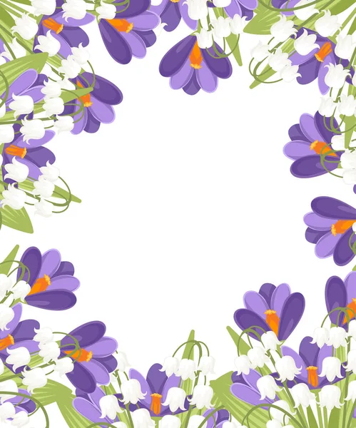 Crocus púrpura y Convallaria majalis blanca. Patrón de flor verde, hierba. Ilustración vectorial plana sobre fondo blanco — Vector de stock