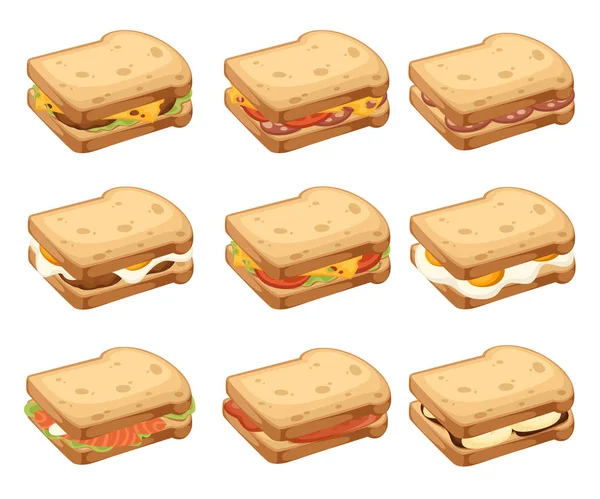 Diverses icônes collection de sandwichs à la viande et légumes. Deux morceaux de pain. Petit déjeuner sucré savoureux ou restauration rapide. Illustration vectorielle plate isolée sur fond blanc — Image vectorielle