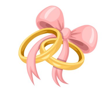 Altın alyanslar pembe yaylı yüzükler. Altın takılar. Beyaz arka planda yalıtılmış düz vektör çizimi