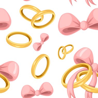 Kusursuz desen. Altın alyanslar pembe yaylı yüzükler. Altın takılar. Beyaz arka planda düz çizim