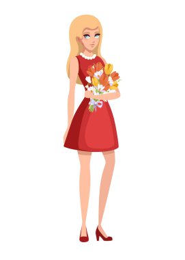 Güzel kadın kırmızı elbise giymek ve bir çiçek buketi tutun. Çizgi film karakter tasarımı. Beyaz arka planda yalıtılmış düz vektör çizimi